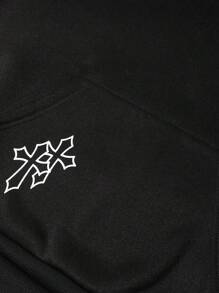 SHEIN Bolty Teen Boys' Graphic Print Black Sweatshirt,Winter Streetwear Collegiate Casual Contrast Color Minimalist Soft Fabric Hoodie For School,Travel - Black - View 5