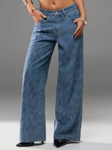SHEIN Forever 21 Jeans in denim larghi a vita bassa e vita larga nuovi per l'estate, con effetto trascinamento - Lavaggio chiaro - Visualizzare 6