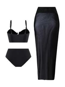 Swim Oasis 2pcs 2025 New Style Women Swimsuit Set, Solid Shoulder Strap Top & High Waist Shorts With Mesh Beach Dress, Summer Casual Swimwear