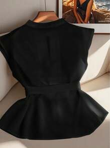 GlowEve Women's Sleeveless Solid Color Shirt With Belt, Minimalist And Fashionable, Suitable For Summer - Black - View 2