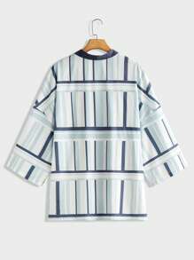 EASEVO Plus Size Men's Loose Print 3/4 Sleeve Open Front Woven Shirt - White - View 2