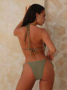SHEIN Swim Chicsea 女士绿色镂空串珠流苏装饰泳衣套装，休闲度假海滩波西米亚风格，春夏 - 軍綠色 - 查看 2