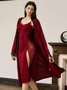 Moireta 女士优雅蕾丝拼布吊带睡裙和睡袍睡衣套装，秋季服装 - 酒紅色 - 查看 7