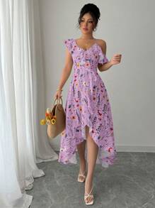 Elenzga Asymmetric Ruffle Hem Printed Dress, Casual Practical Multi-Function - Purple - View 4