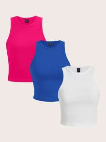 SHEIN 3 件套青少年女孩休闲修身圆领无袖背心 - 寶藍色 - 查看 1