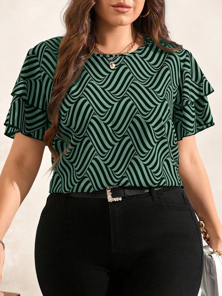 SHEIN Clasi Áo thun sọc cổ tròn tay đôi cỡ lớn thường ngày, dành cho mùa hè - Màu xanh lá cây đậm - Xem 1