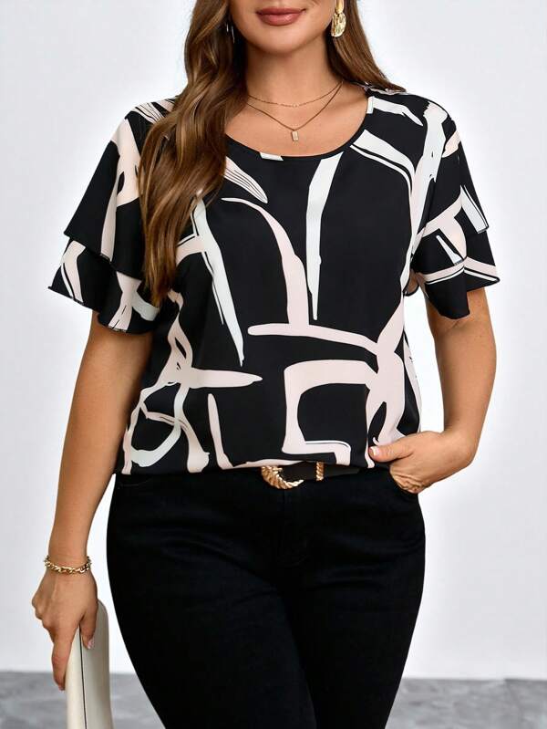 Chikora Plus Size Casual Allover Print Fluttering Sleeve Shirt, Summer