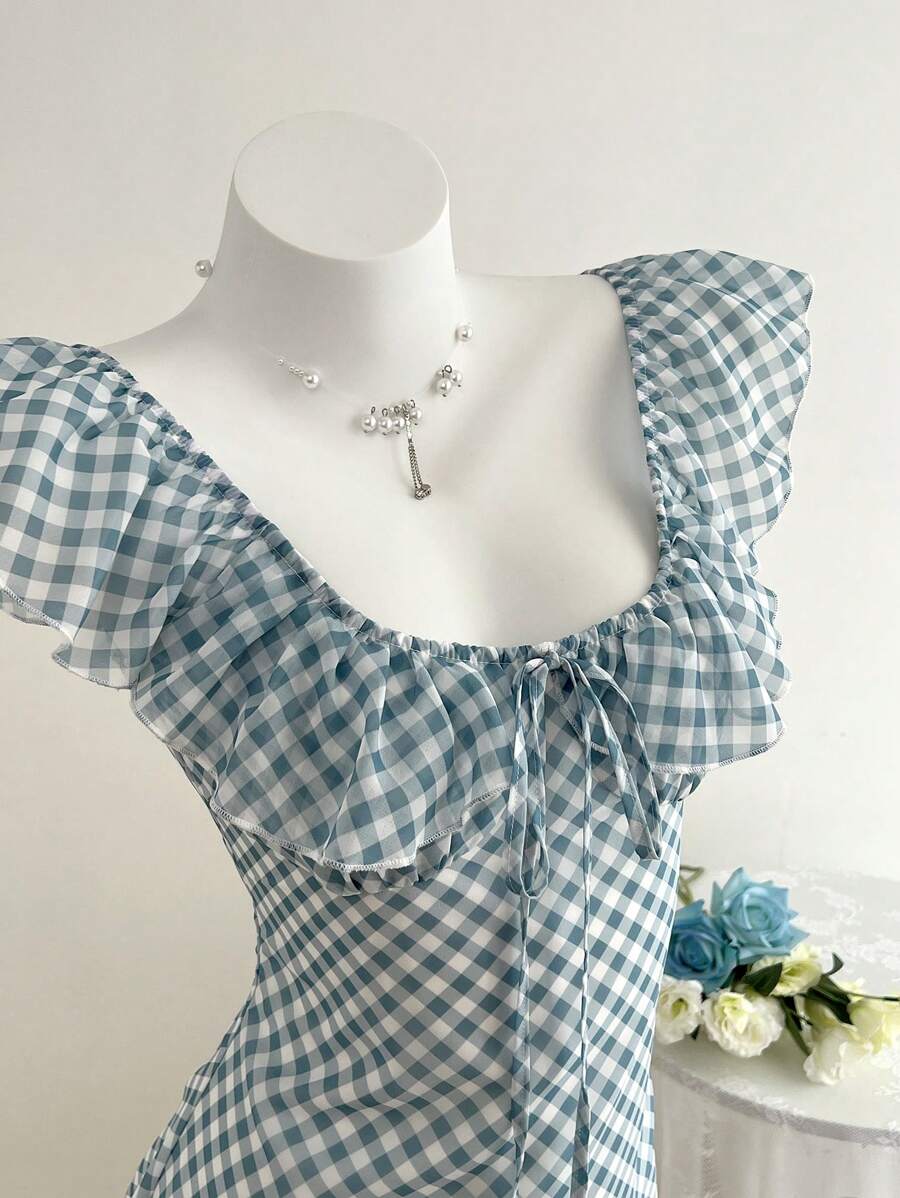 Elamini Váy ngắn chữ A cổ vuông kẻ caro dễ thương cho nữ mặc ngoài trời vào mùa xuân/hè - Màu xanh lam - Xem 1