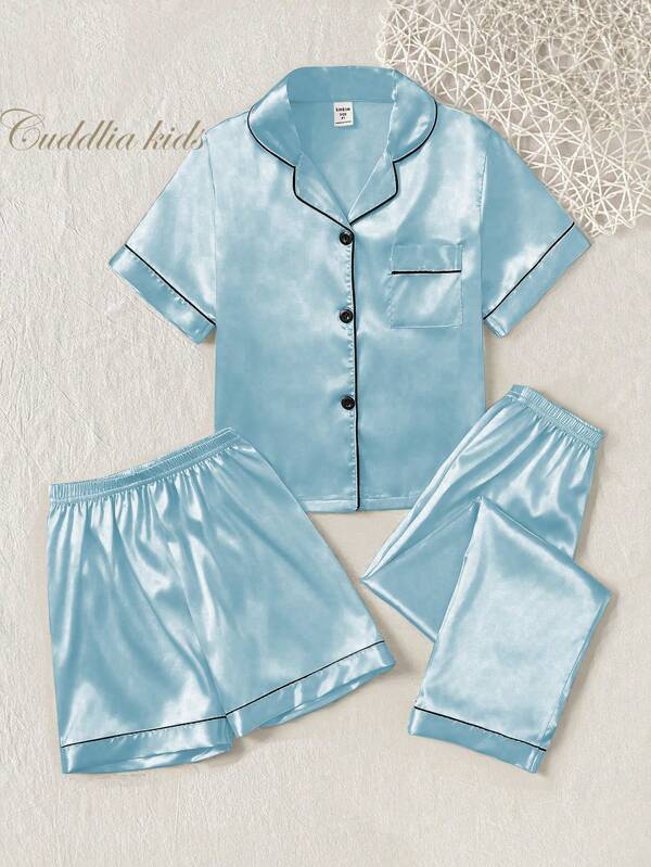 Set de 3 piezas de ropa de niña compuesto por un cárdigan de cuello en V de color liso, una blusa de manga corta y pantalones para usar en casa