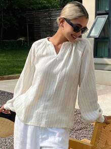 Livesso Áo sơ mi dài tay cổ khoét lỗ họa tiết sọc thường ngày dành cho nữ, áo sơ mi vải lanh dài tay mùa xuân/hè dành cho nữ - Màu Khaki - Xem 1