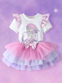 Pop Mart Azura X SHEIN Baby Girl Cartoon Graphic Dreamy White Cute Casual Short Sleeve T-Shirt With Colorblock Tulle Skirt, Princess Style