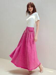 MOTF STUDIO SPÓDNICA DŻINSOWA Z KIESZENIAMI I SZTUCZNYMI PERŁAMI - Różowy - Zobacz 5