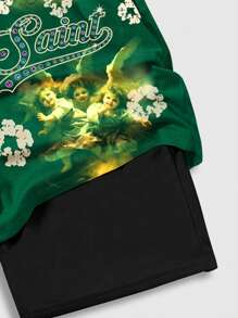 ROMWE MEN Street Life Shorts à cordon de serrage avec imprimé ange pour hommes, 688 - Vert - Voir 3