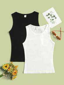 SHEIN Teen Girls 2pcs Ribbed Knit Solid Tank Top