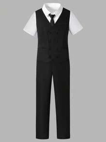 SHEIN Set da 2 pezzi per ragazzo adolescente, look da gentiluomo: gilet slim fit nero doppiopetto + pantaloni eleganti, abito formale per compleanno, matrimonio, laurea, festa, spettacolo