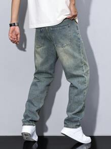 Manfinity Homme Men's Plus Size Straight Leg Loose Casual Pockets Jeans Streetwear Men Jeans Man Clothes Men Jeans