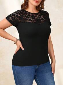 SHEIN Clasi Plus Size Elegant Ronde Hals Contrast Kant Dames Zomer T-shirt, Zomer Tops, Casual Dagelijkse Kleding, Zwarte Shirts, Kant Tops, Elegante Tops Voor Vrouwen, Casual Tops Voor Vrouwen, Tops Dames Tops, Elegant