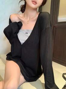 DAZY 女士休闲宽松简约深V领长袖长T恤，夏季 - 黑色 - 查看 8