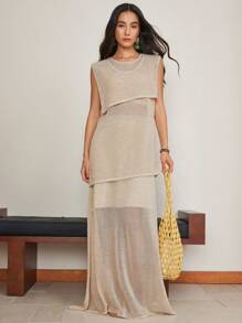 Dazy-Less 女士宽松休闲夏季钩针波西米亚风格优雅度假海滩纯色简约迷你连衣裙 2 件套装，含背心和裙子，商务休闲女式工作服