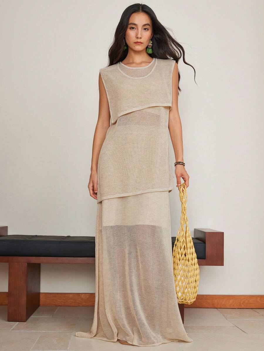 Dazy-Less 女士宽松休闲夏季钩针波西米亚风格优雅度假海滩纯色简约迷你连衣裙 2 件套装，含背心和裙子，商务休闲女式工作服