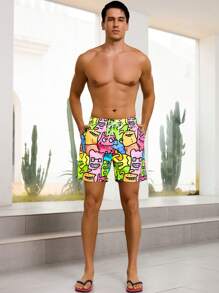 Manfinity Swimmode Men's Casual Cartoon Monster Print Drawstring Waist Side Pocket Beach Shorts, Summer - Multicolor - View 5