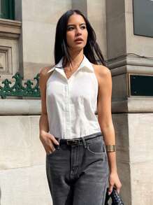 SHEIN EZwear Top de camisa de unicolor sexy sin espalda con lazo y halter para verano - Blanco - Ver 5