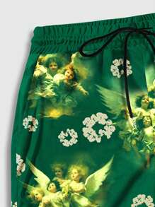 ROMWE MEN Street Life Shorts à cordon de serrage avec imprimé ange pour hommes, 688 - Vert - Voir 4