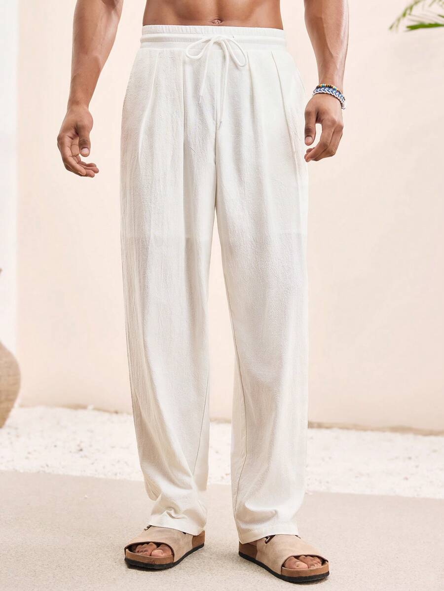 Manfinity VCAY Retro Linen Casual Pants For Men, Solid Color Versatile With Drawstring, Suitable For Summer Men White Linen Pants White Baggy Pants Loose Pants Boho Pants Men White Linen Drawstring Pants