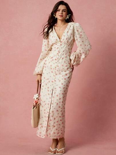 SHEIN Summer Romantic Women's Apricot Exquisite Floral Print&Hollow Embroidery V-Neck Lantern Sleeve High Slit Maxi Dress,Sweet&Elegant For Vacation&Date&Holiday&Birthday&Party&Graduation&Wedding Guest&Beach,Prom Dress,Summer Dresses For Women,Sun Dresses For Women,Summer Clothes,Summer Outfits For Women,Elegant Dresses For Party,