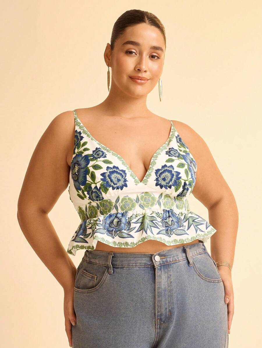 CAJUNI 女式波西米亚风彩色热带花卉印花深 V 领吊带短款上衣，夏季休闲海滩度假加大码背心