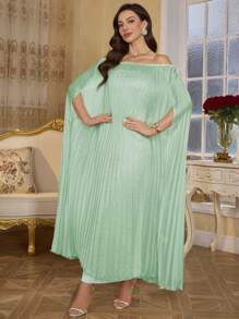 SHEIN Clasi Women's Solid Color Off Shoulder Batwing Sleeve Pleated Dress And Strapless Dress, Elegant 2pcs Set