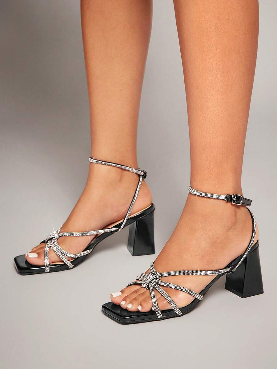 SHUZIA Women Comfy Fashion Rhinestoned Dressy Square Toe Block Heeled Sandals