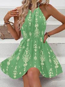 SHEIN Clasi Đầm chữ A hở eo họa tiết hoa cho nữ đi nghỉ mát & thường ngày cổ yếm - màu xanh lá - Xem 5
