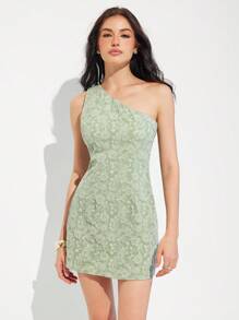 Roylia 复古提花不对称露肩修腰优雅连衣裙