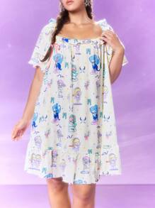 Pop Mart Azura X SHEIN 大码卡通图案方领短袖睡袍 - 杏色 - 查看 5