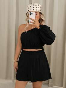 SHEIN VCAY Plus Size Solid Color Casual Vacation One-Shoulder Top And Shorts 2pcs Set - Black - View 4