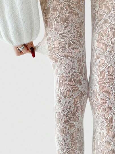 Kawaii 1 Pair White Flower Patterned Elastic Fishnet Stockings