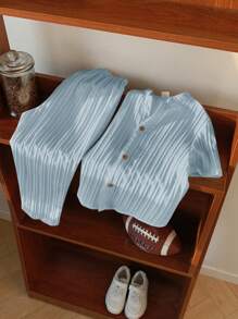 SHEIN 2 件套男婴蓝色舒适休闲纹理面料白色短袖衬衫和裤子套装，适合春夏季室内、户外、日常、运动、玩耍、派对、拍照、度假、节日 - 藍色 - 查看 3