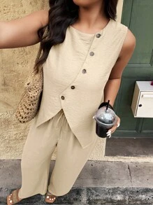 SHEIN Holidaya 大码休闲纯色背心和裤子套装 - 卡其色 - 查看 3