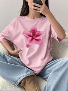 SHEIN Camiseta informal y sencilla con estampado floral rosa para niña preadolescente, adecuada para usar en verano - Rosa - Ver 3