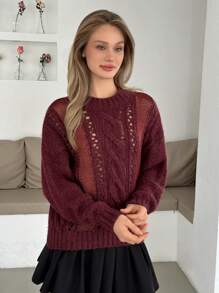 EURMUSE Damtröja med rund hals och långärmad design, lös passform och ihålig passform - Bourgogne - Visa 1