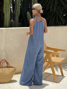 Livesso Mono de lino sin mangas para mujeres, conjunto de vacaciones de un solo color con hombros descubiertos, mono para mujeres