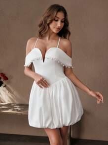 Savoree Ladies' Spring/Summer Evening Dress, Satin High End, One Shoulder, V-Neck, Waist Collection, Flower Bud, White Short Mini Dress