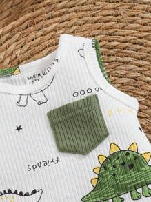 SHEIN Bộ 2 món/Bộ quần áo mùa hè cho bé trai sơ sinh, áo ba lỗ in hình khủng long hoạt hình + quần short cạp chun, trang phục cotton mềm mại thoải mái đơn giản dễ thương, thích hợp cho hoạt động ngoài trời, từ 0-9 tháng tuổi - màu xanh lá - Xem 6