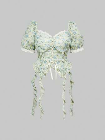 Fairycore Plus Size Women's Summer Ditsy Floral Textured Fabric Ruffled Lace Trim Blouse