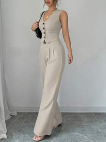 Selianne 法式春夏纯色吊带背心和百褶裤套装，休闲/街头/办公室穿着 - 杏色 - 查看 6