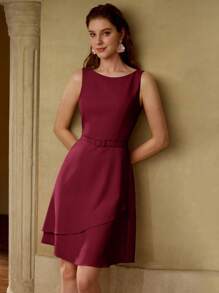 MOTF Classy SOLID BUCKLE BELTED SLEEVELESS LAYERED HEM SHORT DRESS