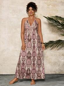 Travachic Plus Size Women's Holiday Floral Print Halter Neck Elegant Dress - Multicolor - View 3