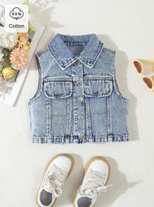 SHEIN Young Girl Versatile Comfortable Casual Vacation Fashionable Washed Soft Non-Stretch Denim Sleeveless Vest, Lightweight For Summer - Medium Wash - View 1