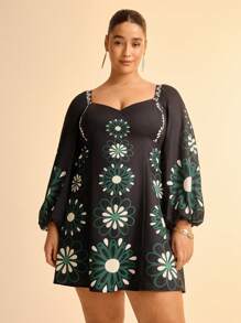 CAJUNI Đầm ngắn thường ngày dài tay bồng cổ chữ V họa tiết xanh nhiệt đới cỡ lớn cho nữ - Nhiều màu - Xem 3